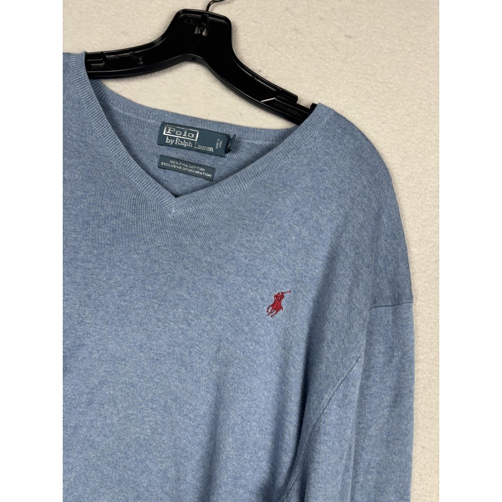 Polo By Ralph Lauren Sweater Mens XL Blue Pima Cotton V Neck Knit Pullover